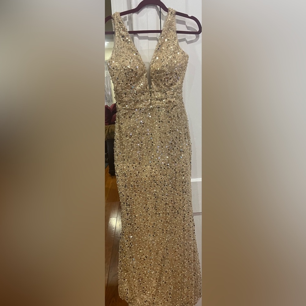 Dessy Collection Gold Sequin Prom Dress